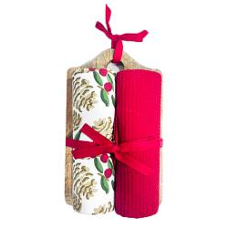 2 Christmas Tea Towels + Wood Serving Board Recycled Cotton