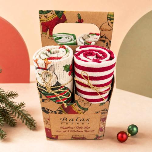 4 Christmas Tea Towels In Carrier Box Recycled Cotton