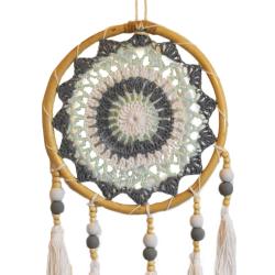 Dreamcatcher on bamboo frame, white tassels, grey green beige inner, diameter 17cm
