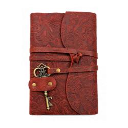 Notebook with Key Leather Floral Embossed Maroon 13 x 18cm