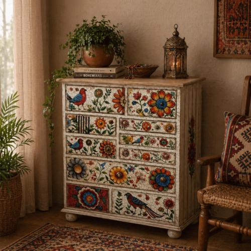10 Drawer Chest Hand Painted Wood Storage Cabinet 74x32x90cm