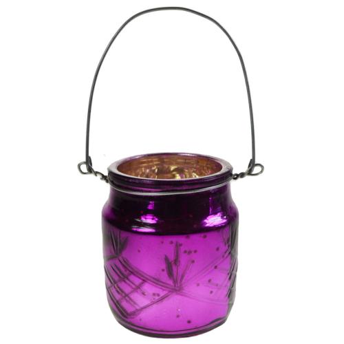 T-lite candle holder with wire hanging recycled glass purple 6x7cm
