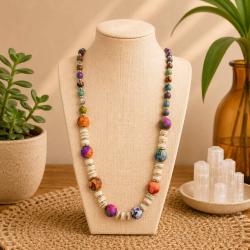 Necklace Recycled Multicoloured + Wooden Beads 30cm