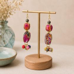 Earrings Recycled Drop 3 Beads + Cluster at Bottom Multicoloured 5cm