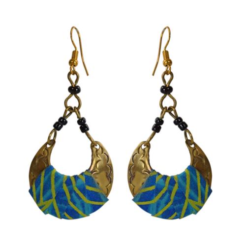 Earrings, brass & fabric, drop, semi circle shape, blue & yellow 5.5 x 3cm