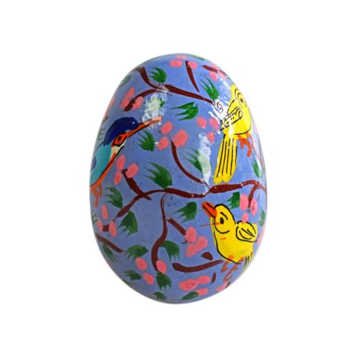 Egg ornament paper maché, birds design light blue 5 x 3.5cm
