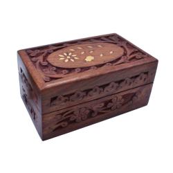 Jewellery/Trinket box, Sheesham Wood Floral Carved + Brass Inlay 12.5x7.5cm