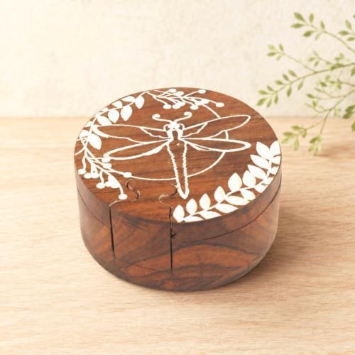 Puzzle Box Round Dragonfly Sheesham Wood 10 x 10 x 6cm