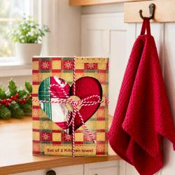 2 Christmas Tea Towels in Heart Cut Out Box Recycled Cotton
