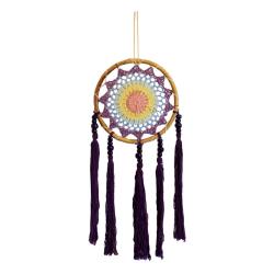 Dreamcatcher on bamboo frame, cream tassels, purple blue yellow inner, diameter 17cm