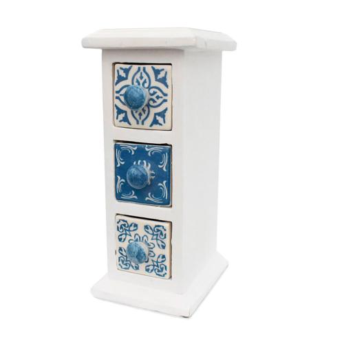 Wooden mini chest blue & white, 3 ceramic drawers