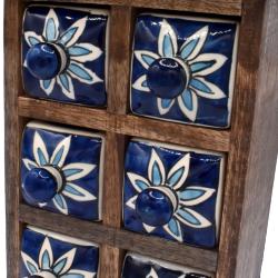 Wooden mini chest with 6 blue and white drawers 17 x 24 x 11.5cm