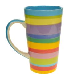 Tall mug rainbow horizontal stripes blue inner ceramic hand painted