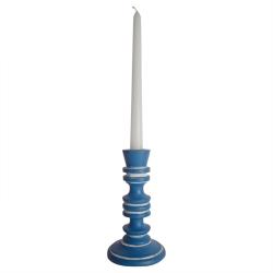 Candlestick/holder hand carved eco-friendly mango wood blue 18.5cm height