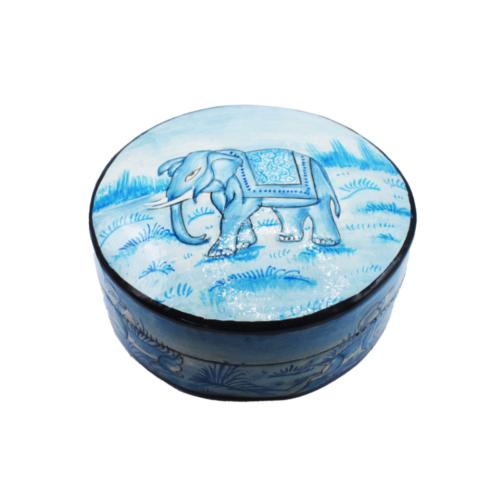 Round Trinket Box Elephant Blue Papier Mâché 11cm