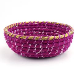 Round basket, recycled sari material pink 26x9cm