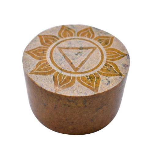 Pill / trinket box carved soapstone, chakra solar plexus 5 x 3cm