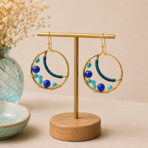 Earrings gold colour circle with blue + turquoise beads 