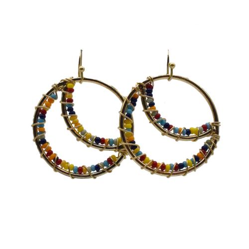 Earrings gold colour circle with multicoloured beads  