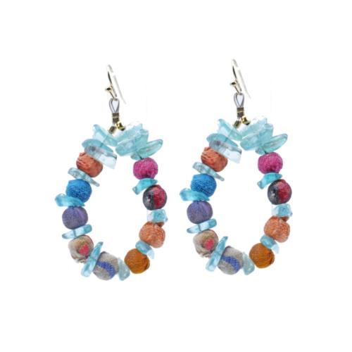 Earrings Beaded Loop Glass Blue + Multicolour Cloth