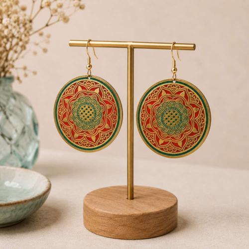 Earrings Round Gold Red Green 4.5cm diameter