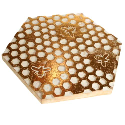 Trivet/pan stand/worktop protector bee & honeycomb design eco mango wood