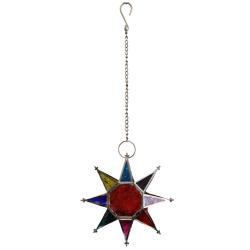 Lantern Tea Light Holder Hanging Star Recycled Glass, Red Centre 20cm