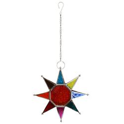 Lantern Tea Light Holder Hanging Star Recycled Glass, Red Centre 27cm