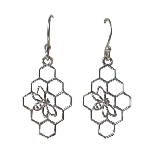 Earrings, silver colour, bee & honeycomb