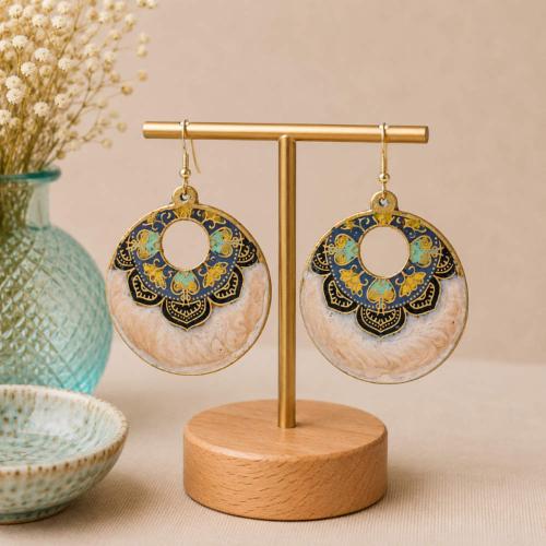 Earrings Round Cream Colour, black blue gold pattern, 4.5cm diameter
