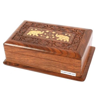 Wooden secret lock box with 2 brass elephants