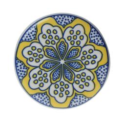 Single round ceramic coaster floral yellow on blue