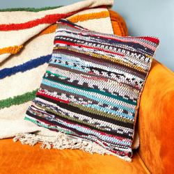 Chindi rag cushion recycled cotton handmade dark colour mix 40x40cm