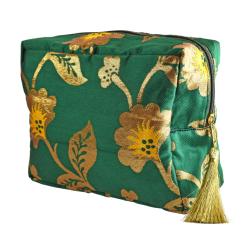 Green washbag with recycled brocade fabric 22 x 29 cm