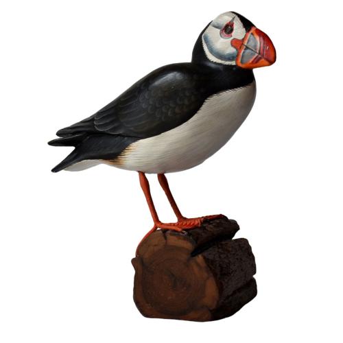 Puffin on tree trunk, hand carved wooden indoor/garden ornament 20cm