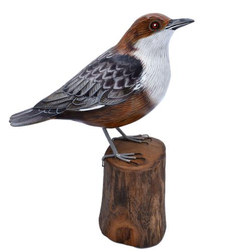 Dipper on tree trunk, hand carved and painted 9 x 16 x 21cm