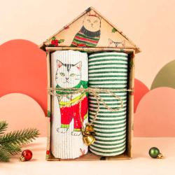 2 Christmas Tea Towels Cat House Gift Set Recycled Cotton