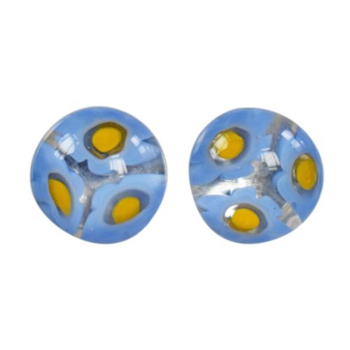 Ear studs, ‘Millefiori’ glass blue and yellow round 1cm diameter