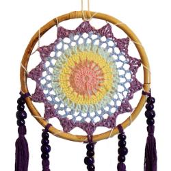 Dreamcatcher on bamboo frame, cream tassels, purple blue yellow inner, diameter 17cm