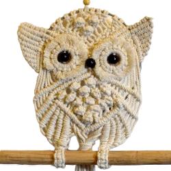 Macrame hanging cream owl on branch 22x22cm