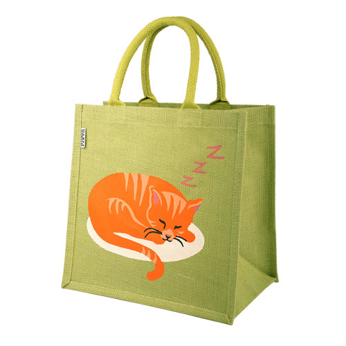 Jute shopping bag, square, cat sleeping