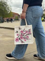 Jute shopping bag, square, cherry tree with swallows