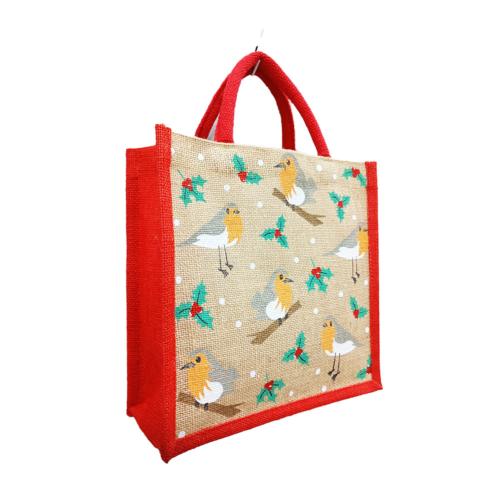 Jute shopper or Christmas gift bag, robins design 25x25cm
