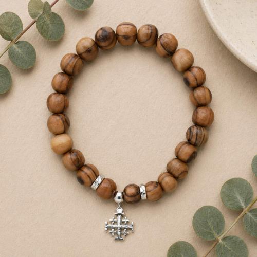 Bracelet olive wood beads and Jerusalem cross charm
