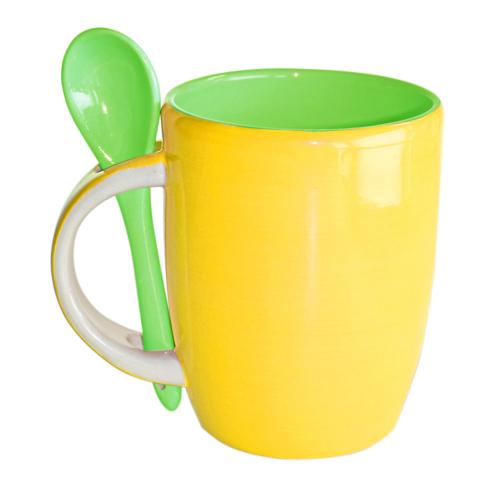 Yellow and Green hand-painted mug and spoon, 10 x 8 cm