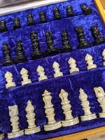 Luxury wooden chess set soapstone pieces hand carved Fair Trade 30x30cm