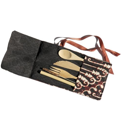 Bamboo cutlery set in black/brown cotton pouch