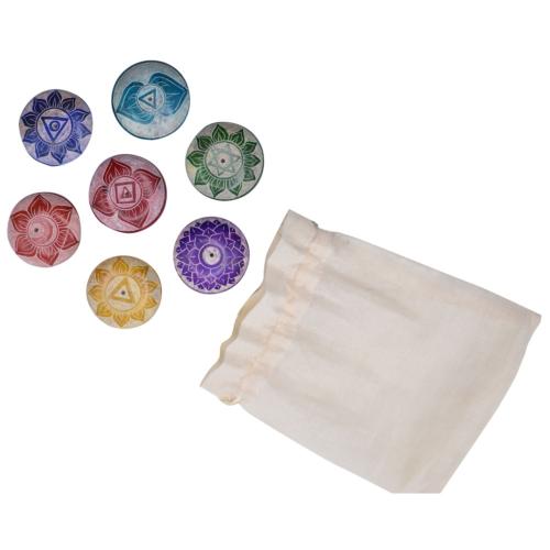 7 soapstone incense holders / pebbles chakra symbols in cotton pouch, 3.5cm