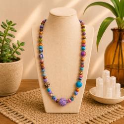 Necklace Recycled Multicoloured Beads on Cotton Strap 26cm