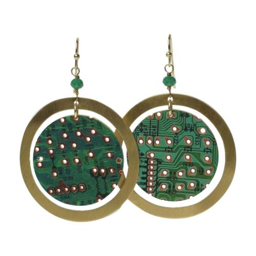 Earrings, recycled circuit board circle with outer circle